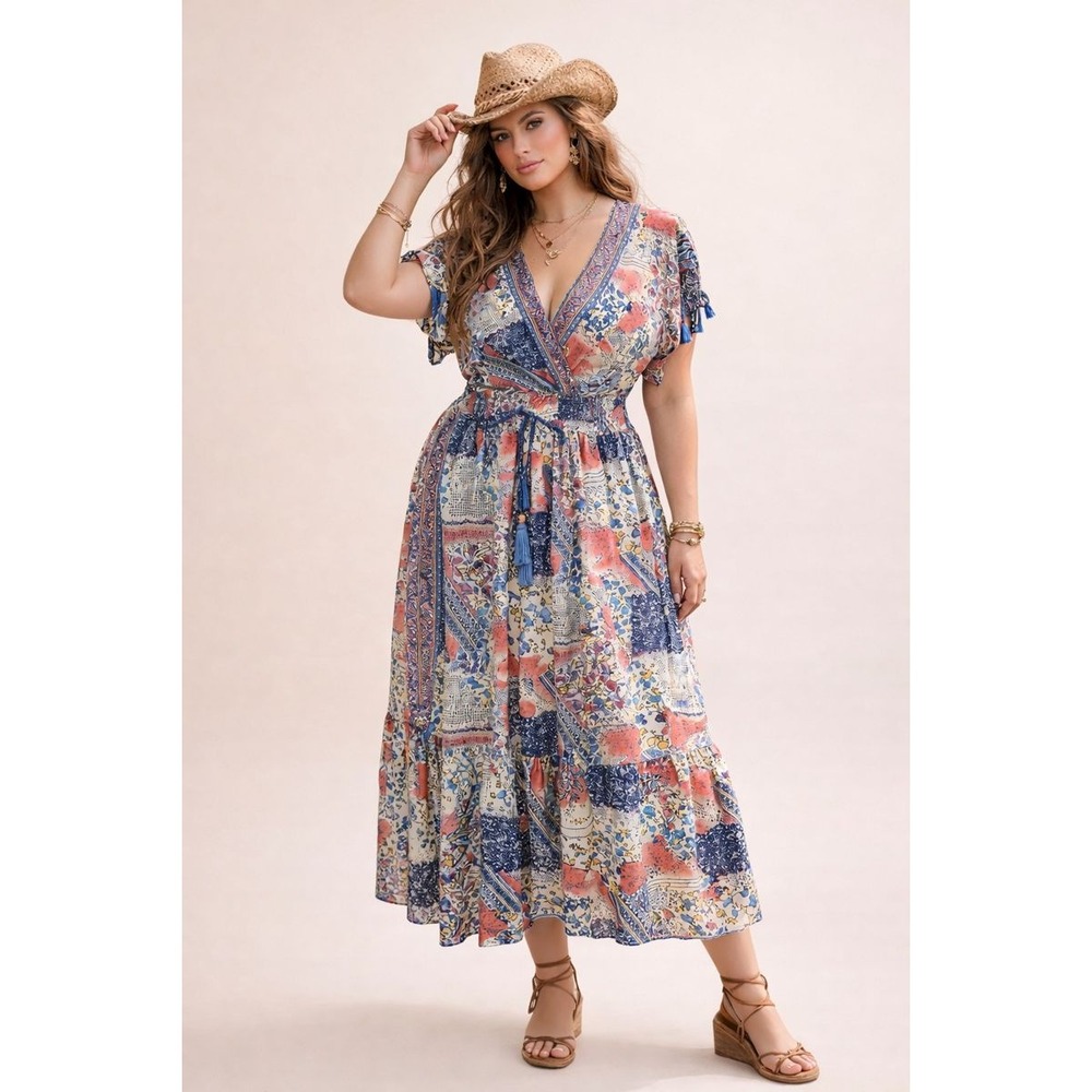 Dress Nado Patchwork Print Boho Midi Dress Size 1X Romantic Cottagecore Festival